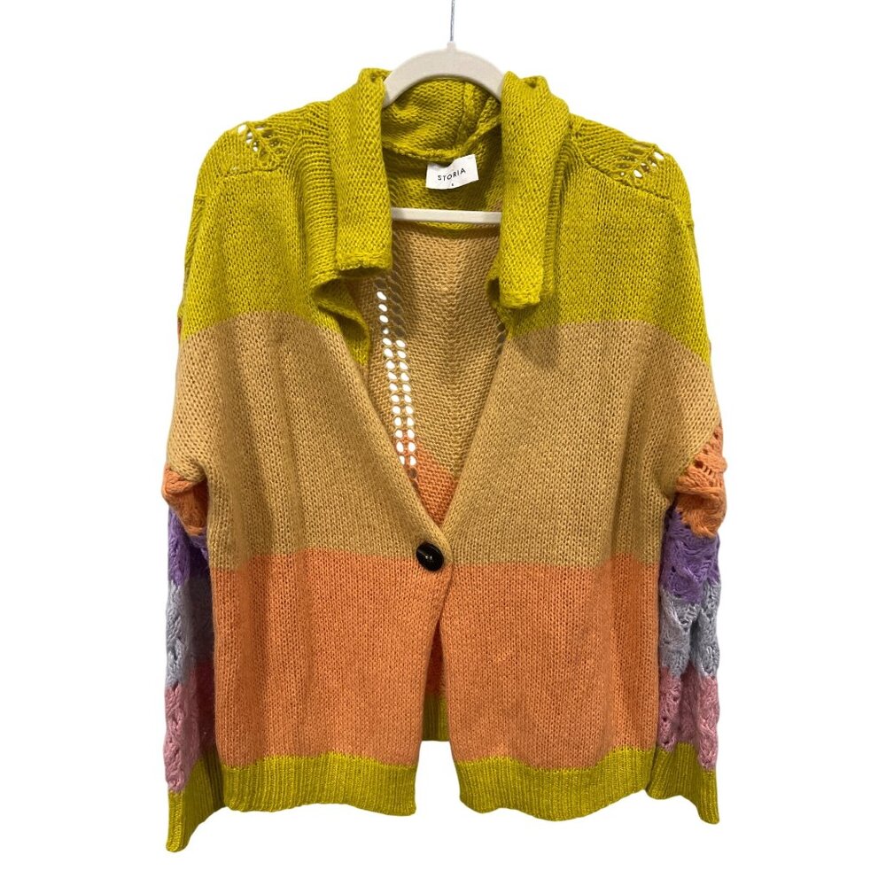 Storia Colorblock Cardigan Sweater Small Mohair Blend Colorful Cozy Knit Indie